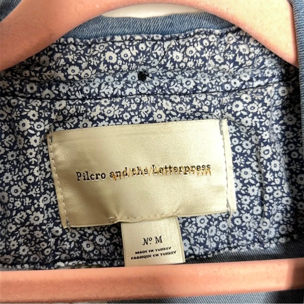 Anthropologie Light Blue Denim Jacket with Orange Floral Embroidery